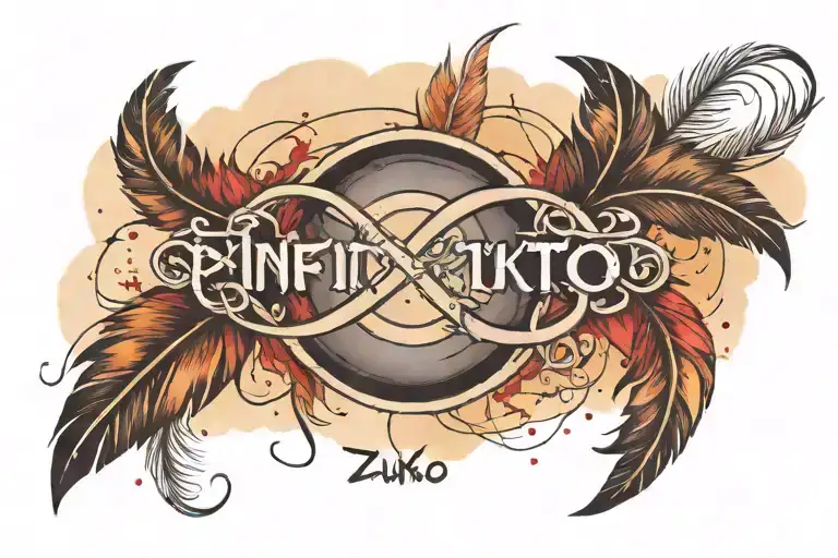 Infinity Sign With Zuko Written On One Side With A Water Colour Feather In The Background