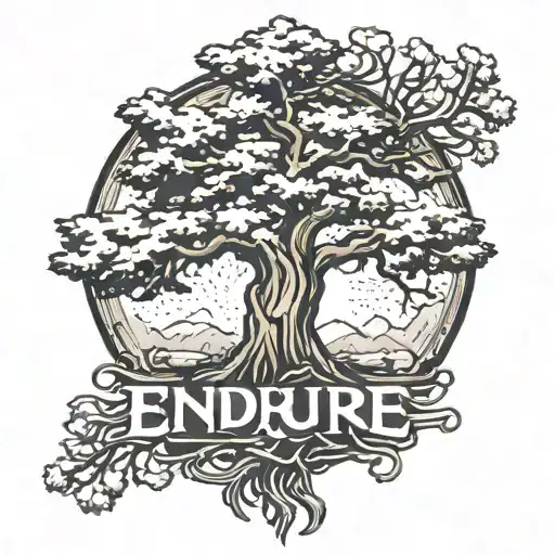 Small Pine Tree Tattoo Word Endure On Trunk