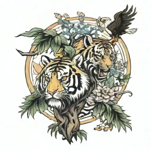 Tiger And Eagle Next To Tree Of Liberty