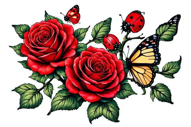 Three Red Roses On A Branch Horizontal Butterflies Ladybug