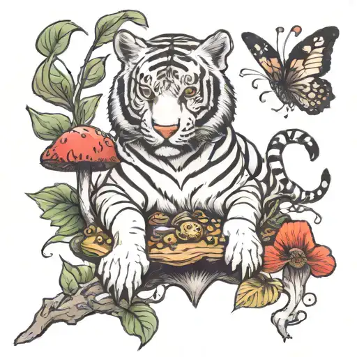 White Tiger On A Evil Mushroom Fighting A Great Eared Nightjar