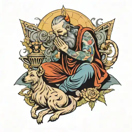 God Praying Down At Man And Dog Sitting