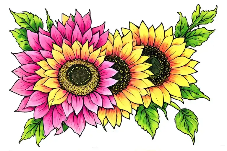 Gemini Pink Sunflower Tattoo Heart Petals