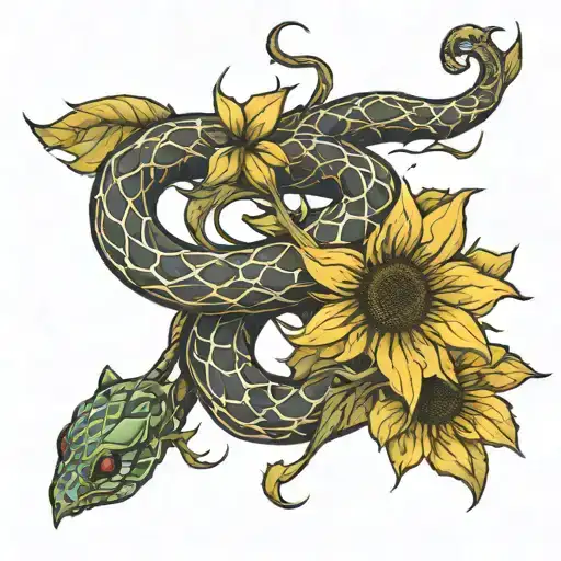 Snake Wrapping Around Sunflower Stalk Intertwined