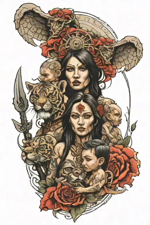 Warrior Mother Protects Her Two Male Children Front Shot And Background Elements