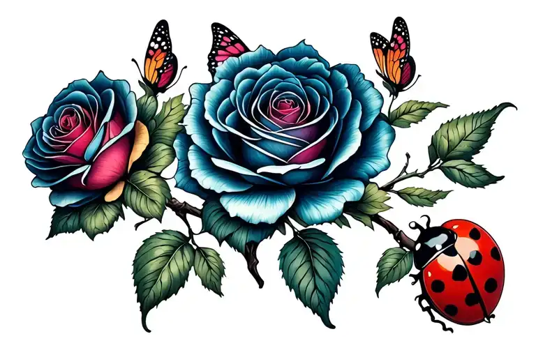 Three Roses On A Branch Horizontal Butterflies Ladybug