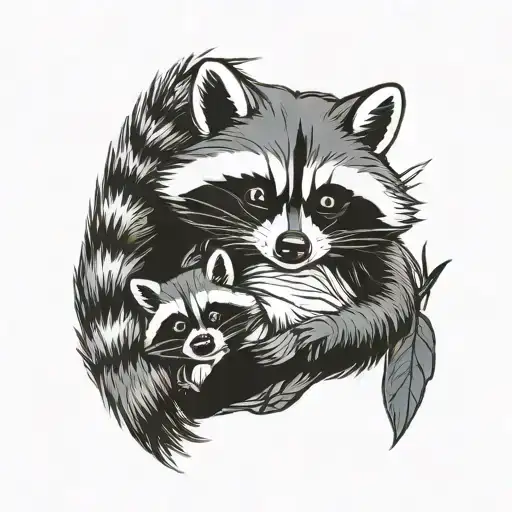 Dad Racoon With Daughter Racoon Playing