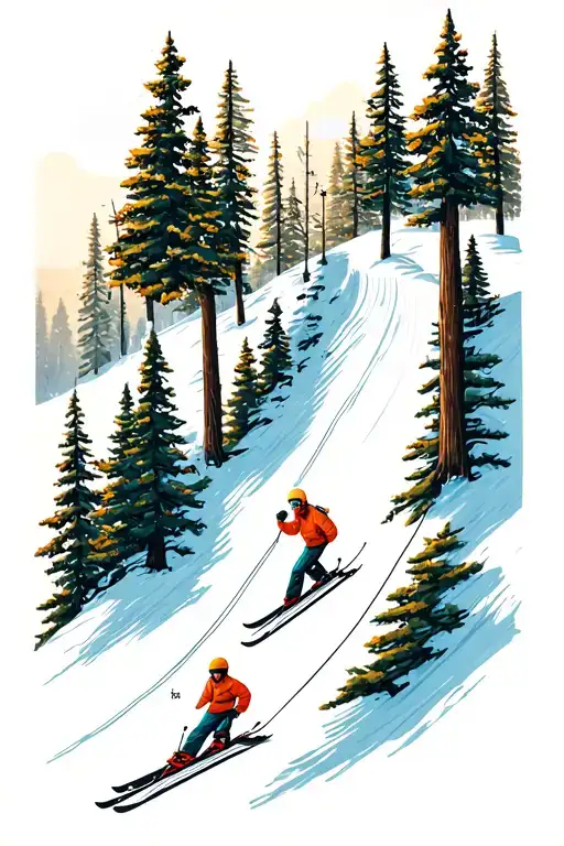 Small Top Down Skii Slope With Little Skiiers And Trees And Skii Lift