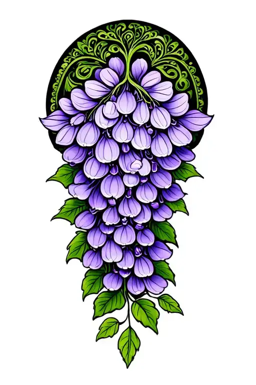 Dark Purple And Green Paisley Pattern With Wisteria Flower Cluster Across It