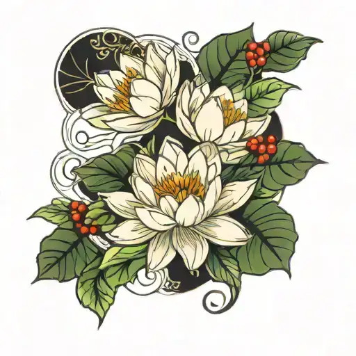 Water Lilly And Holly Leaves