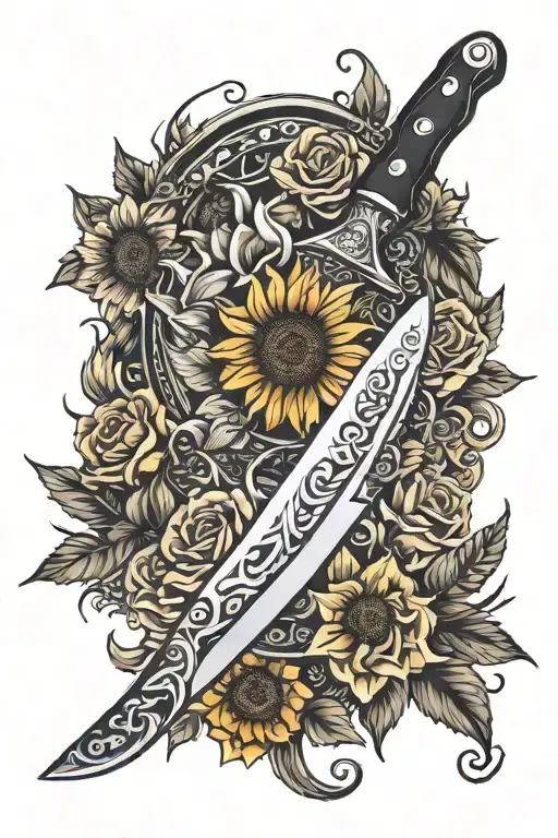 Chef Knife Surrounded By Sunflowers And Roses
