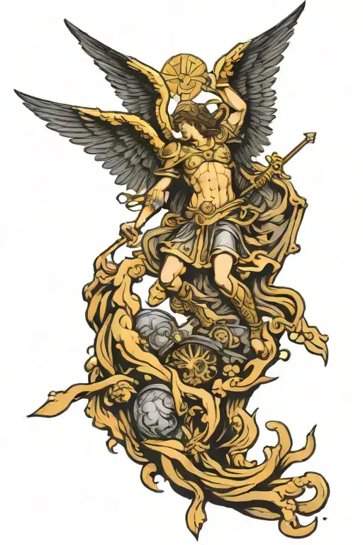 Saint Michael Defeating Lucifer With Black And Gold Accents