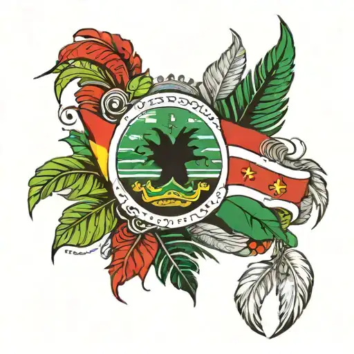 Suriname Flag With Feathers And Culture And Music Surinamese Plants In Black
