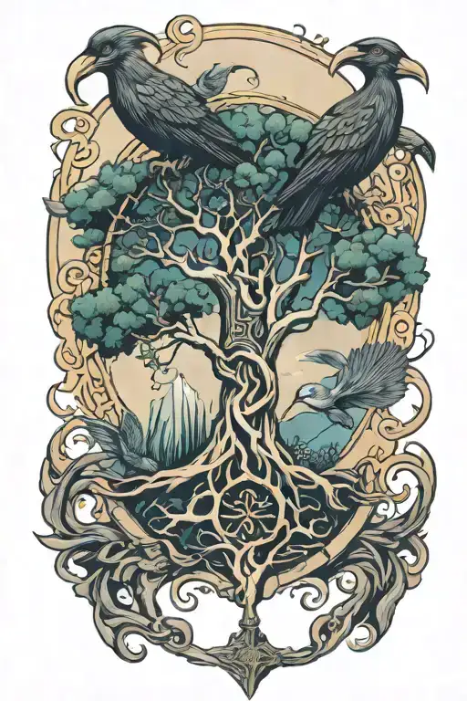 Tree Of Life With Mjolnir Hugin Munin