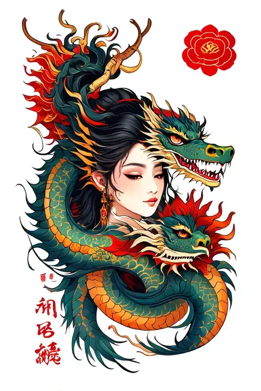 Make Me A Tattoo That Has Japanese Woman Face With Dragon Body