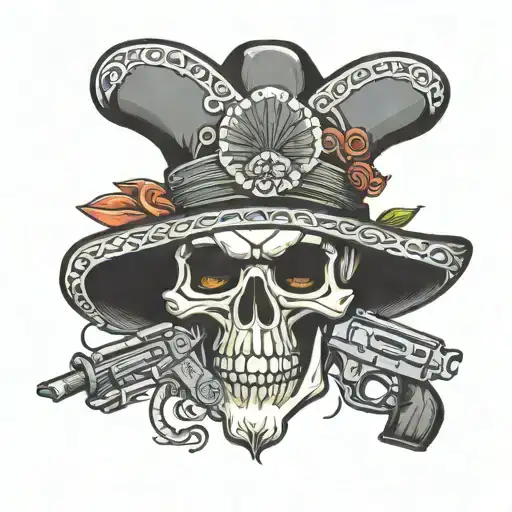 Skull With Sombrero With Guns Smoking Mexican Flag