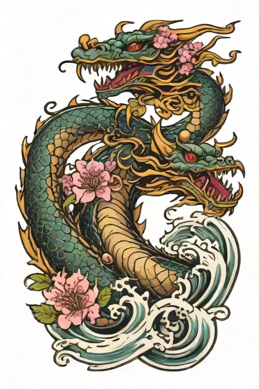 Dragon Emerging From Waves Surrounded By Cherry Blossoms
