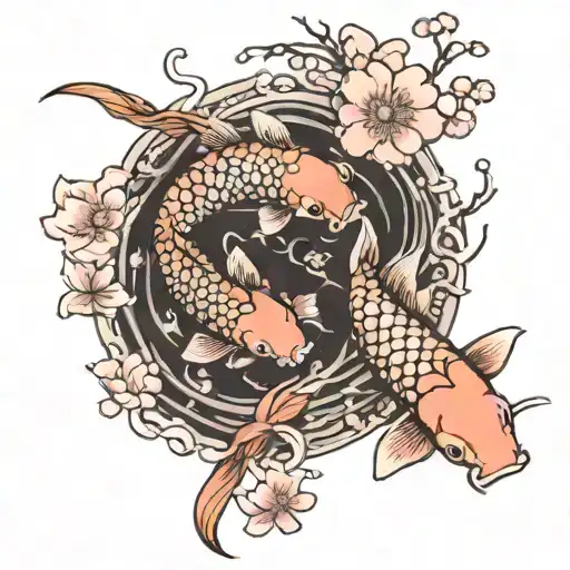 Two Koi Fish And Sakura Flowers