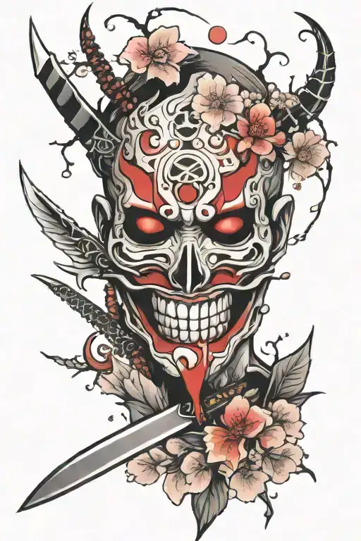 Shinigami Mask With A Dagger In It's Mouth Surrounded By Cherry Blossoms