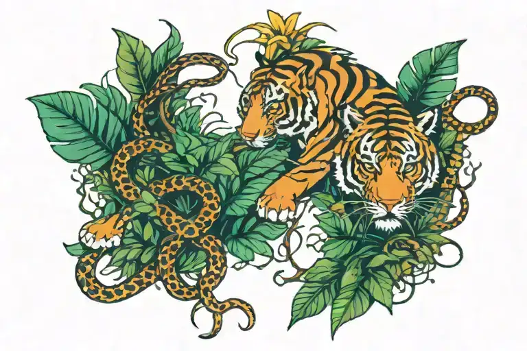 Jungle Forest With Tiger And Snake Intertwined