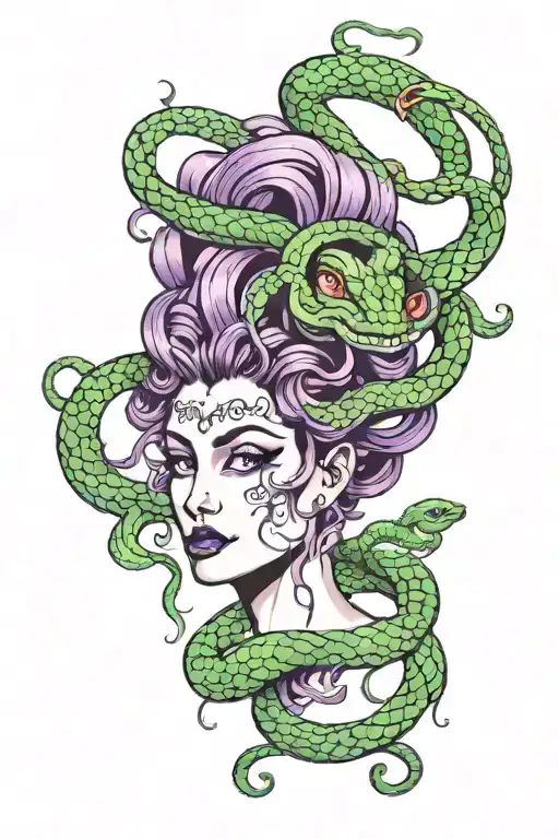Medusa With Green Eyes And Purple Snakes