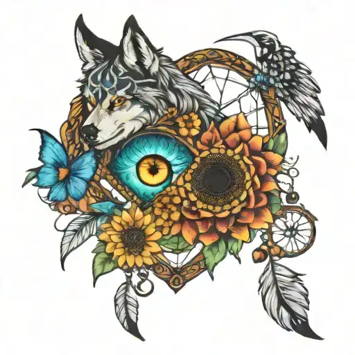 Dream Catcher With Galaxy Sunflower Butterfly Wolf Evil Eye Heart 444