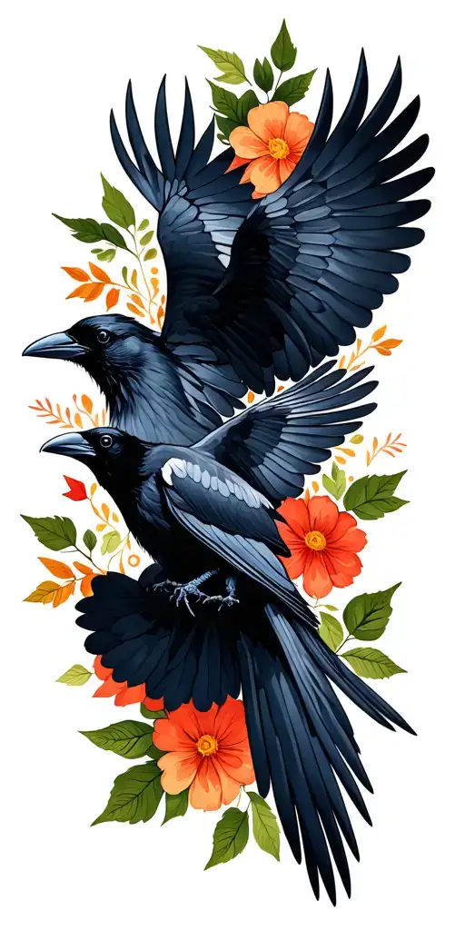 Crow And Raven Flying In The Air Surrounded By Leafs And Flowers