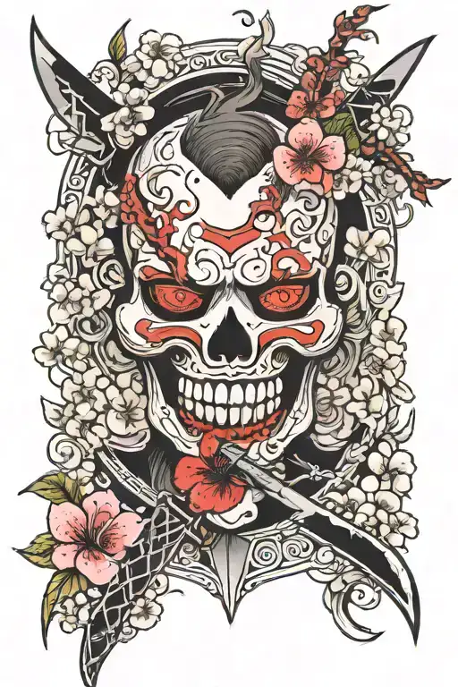 Shinigami Mask With A Dagger In It's Mouth Surrounded By Cherry Blossoms