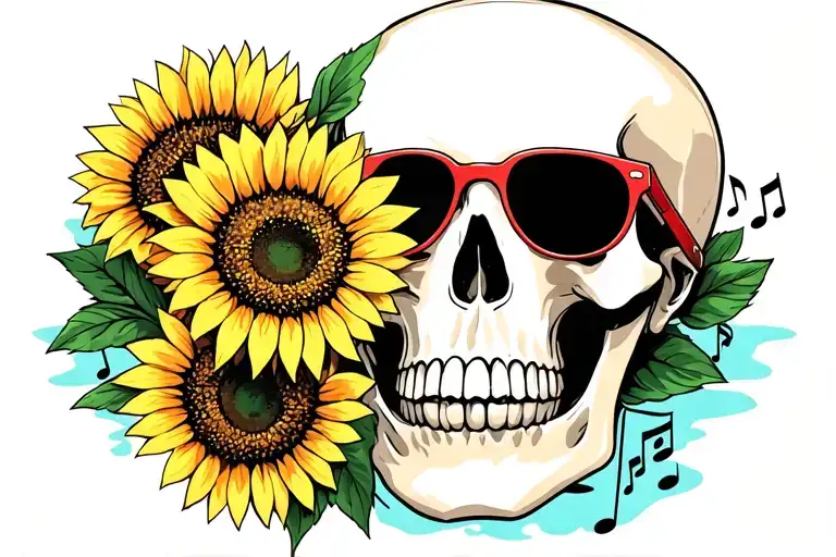 Skull Wearing Sunflower Sunglasses Surrounded My Music Notes