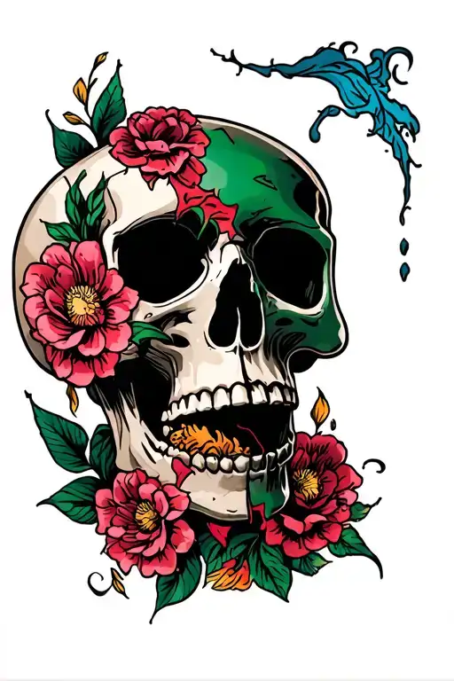 Skull With Broken Jaw And Flower Motif