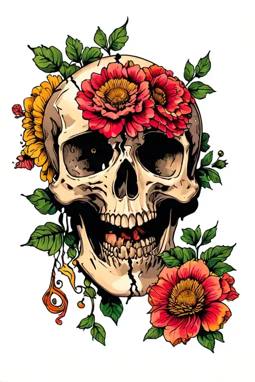 Skull With Broken Jaw And Flower Motif
