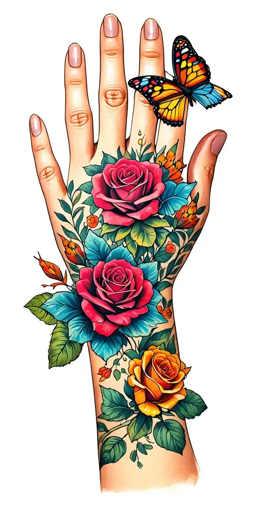 Roses And Butterflies And A Crown On My Back Palm