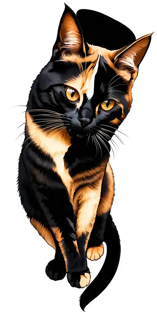 Calico Cat With Face Half Black And Half Gold