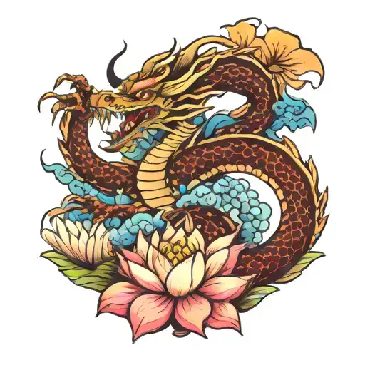 Dragon And Lotus Tattoo In Ink Style