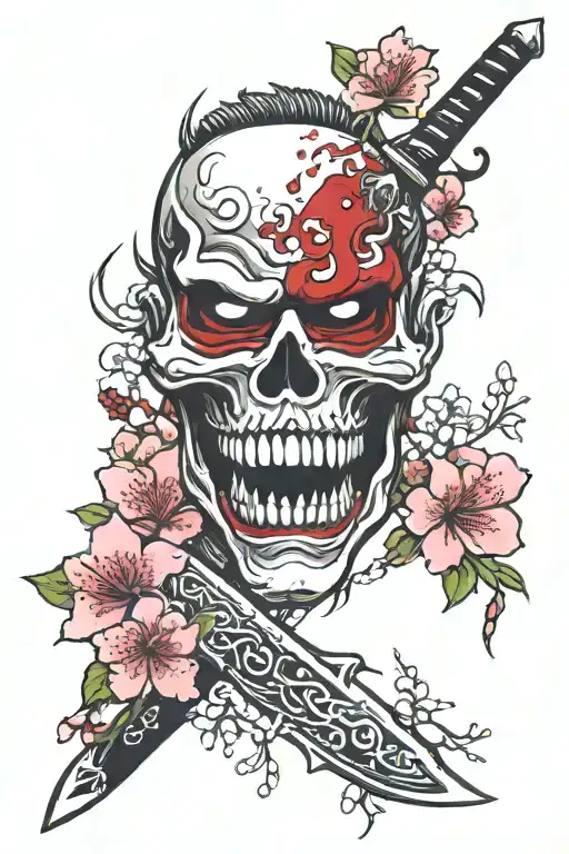 Shinigami Mask With A Dagger In It's Mouth Surrounded By Cherry Blossoms