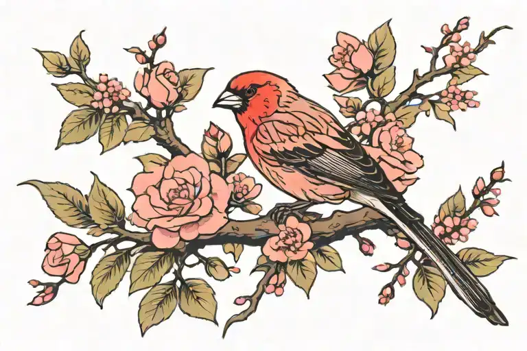 Sakura Tree Branch Growing Right To Left With A Small Long Tailed Rose Finch On The End