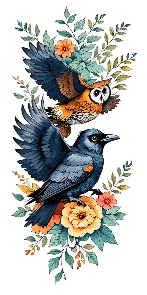 Crow And Owl Flying In The Air Surrounded By Leafs And Flowers