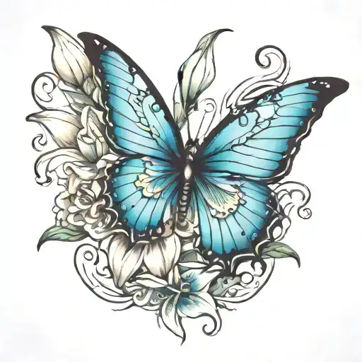 Blue Butterfly Open Wings With Lily Flower On The Side