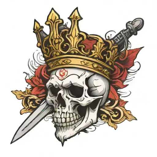 Skull Wearing Crown Over Swords In Line