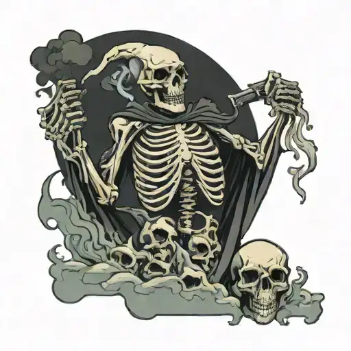 Grim Reaper Standing On A Pile Of Skeletons With Smoke Rising From Behind