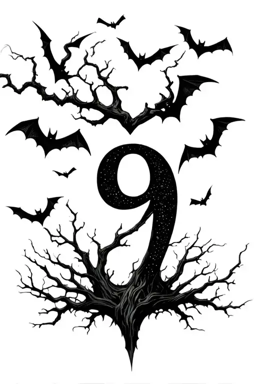 Leafless Tree Forming Number 9 With Bats Flying