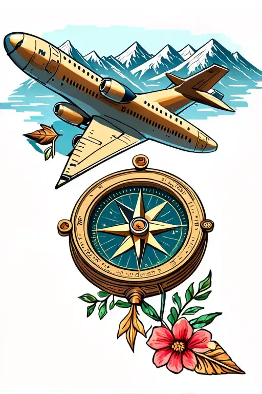 Compass With A Arrow And Flowers And In The Background Mountains Un Airplane