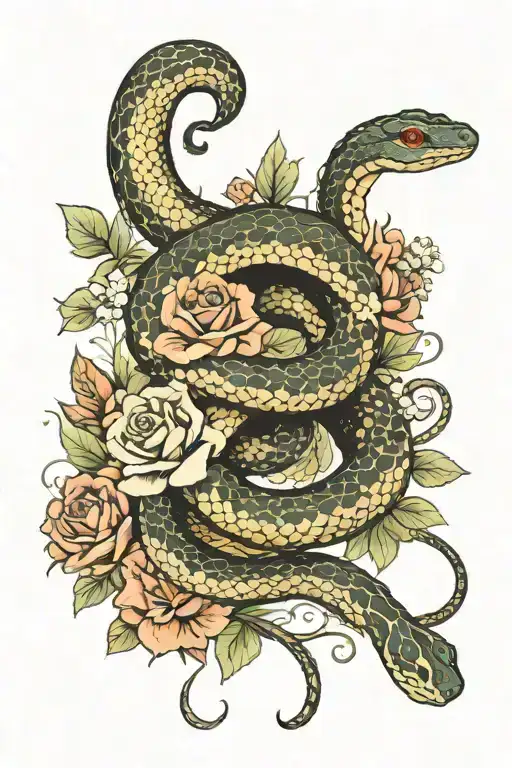 Snake Wrapped On A Spinal Cord With Flowers Surrounding It