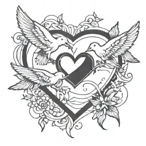 Heart Beat Line In Sky With Doves Flying