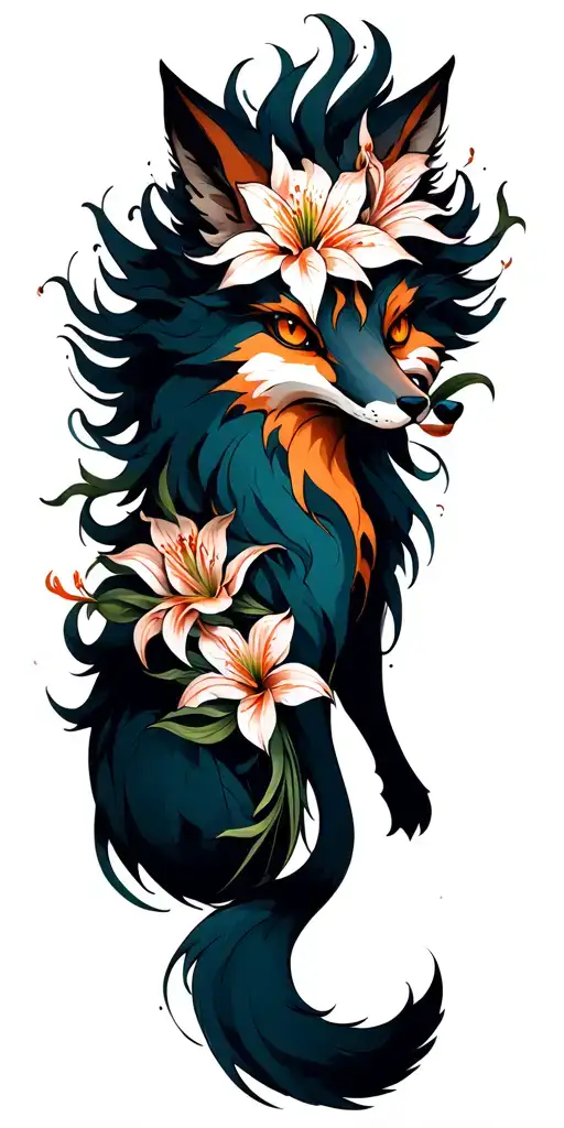 Nine Tailed Fox With Spider Lilies