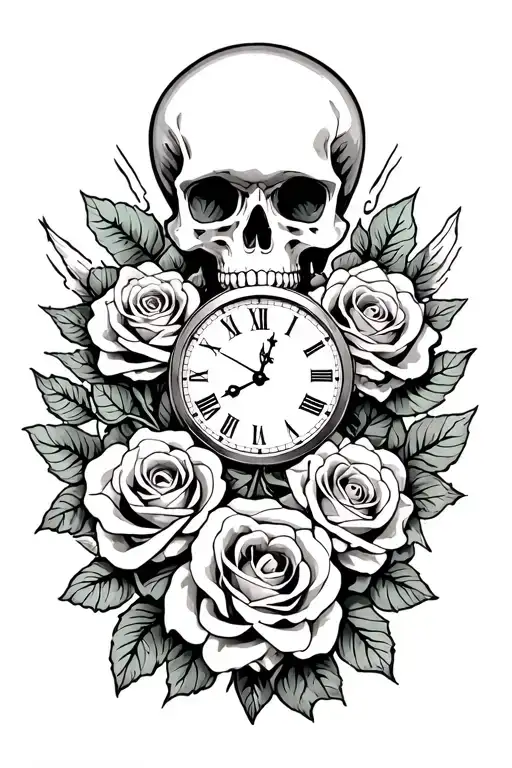 Skull Roses And Clock Intertwined