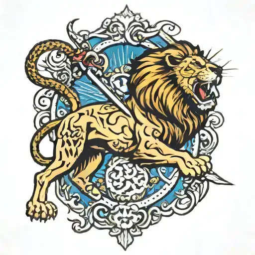 Lion Pouncing With A Dagger In Its Mouth