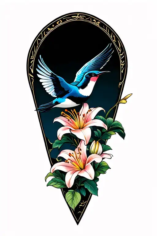 Lily Flower And Swallow Bird Flying