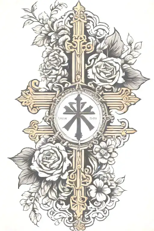 Cross Flowers Roman Numerals Surrounded