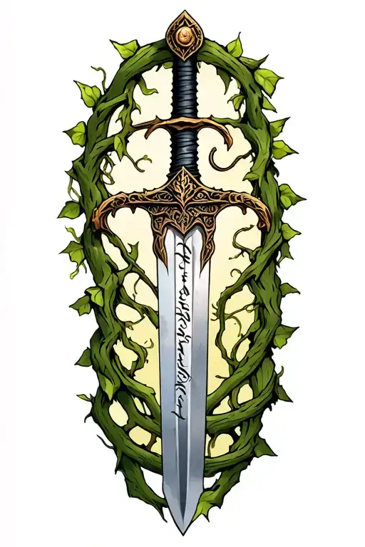 Lord Of The Rings Sword Wrapped In Vines From The Top Of Sword To Tip With Elvish Writing